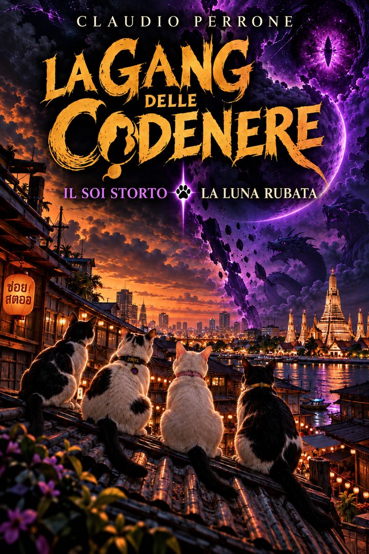 Copertina de La Gang delle Codenere di Claudio Perrone: quattro gatti su un tetto guardano la Bangkok notturna